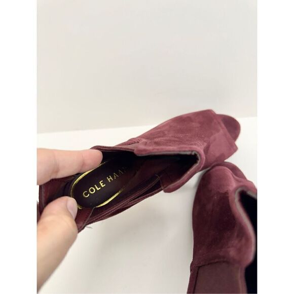 Cole Haan Peep Toe Ankle Booties Size 7B Burgundy Leather Suede Stiletto Heel - Picture 8 of 10